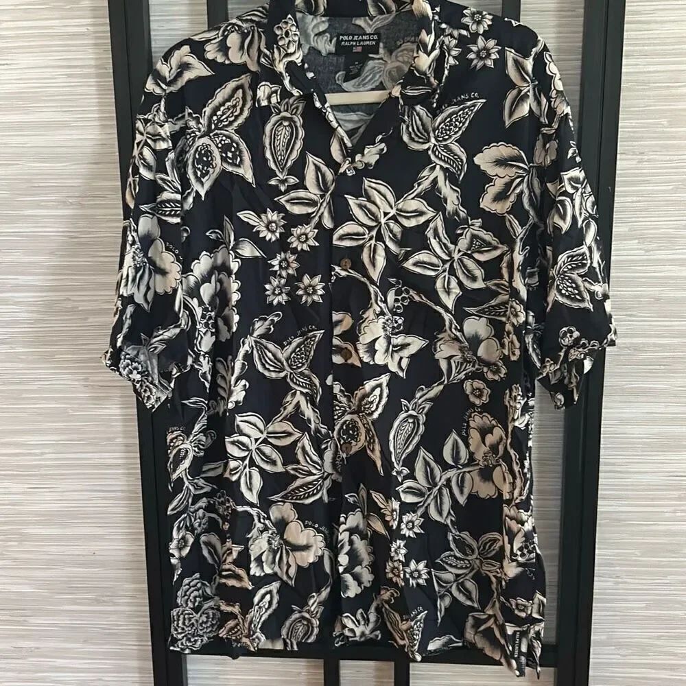 Polo Ralph Lauren navy blue Hawaiian style short sleeve button-down shirt rayon